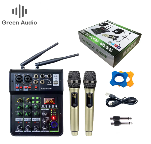 Audio Mixing with UHF Wireless Microphone 4 Channel Stereo Mixer Console Blueteeth USB for DJ Karaoke PC Record