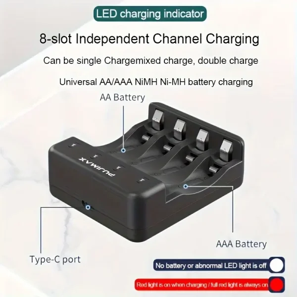 PUJIMAX 4-Slot Smart Charger: Universal AA/AAA 1.2V Battery Charger with LED Indicators and Type-C Port - Image 2